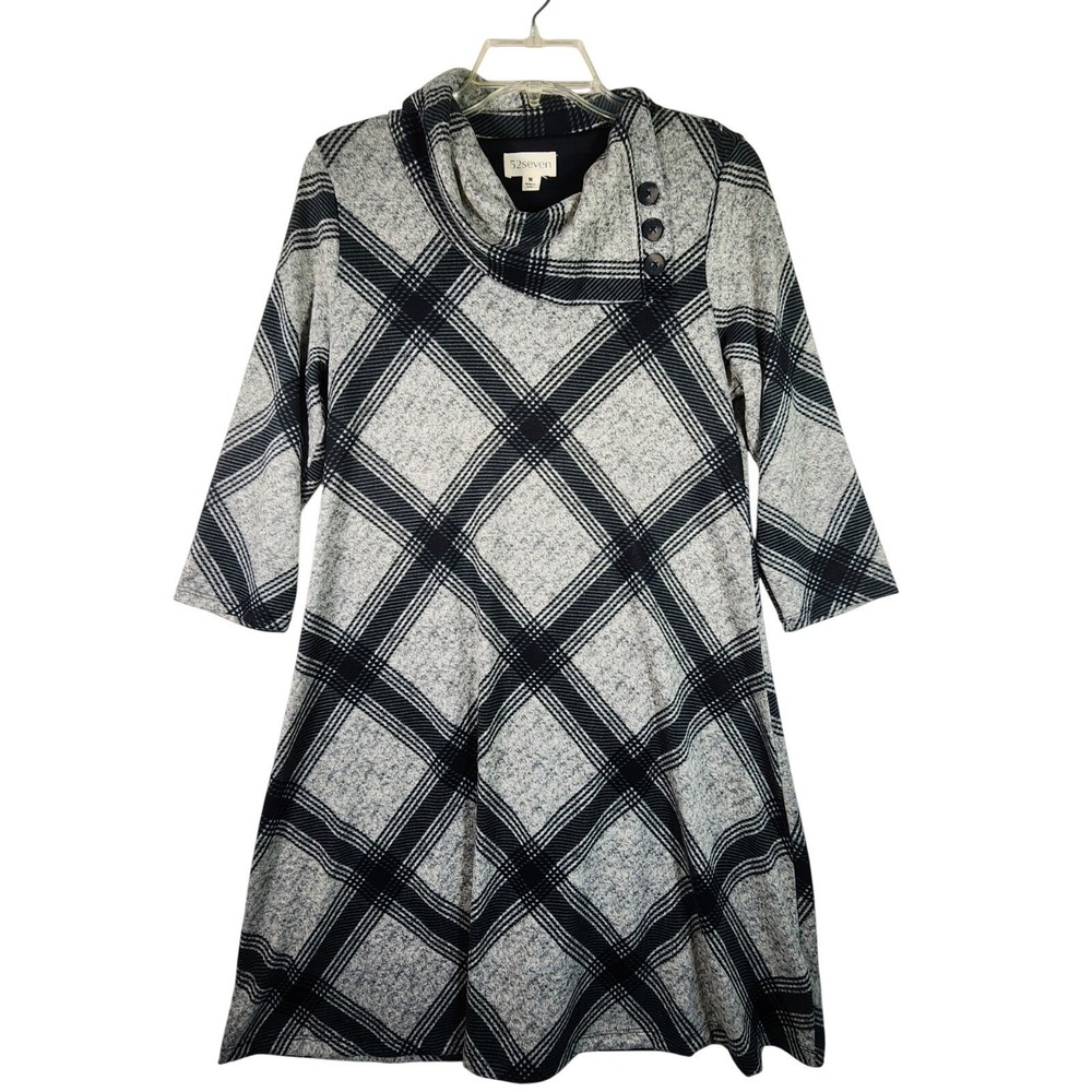 52seven Womens Medium Plaid Sweater Dress Cowl Neck Gray Black Cozy Cottagecore